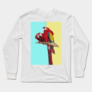 Macaw Parrot Watercolor Painting on Aqua and Yellow Long Sleeve T-Shirt